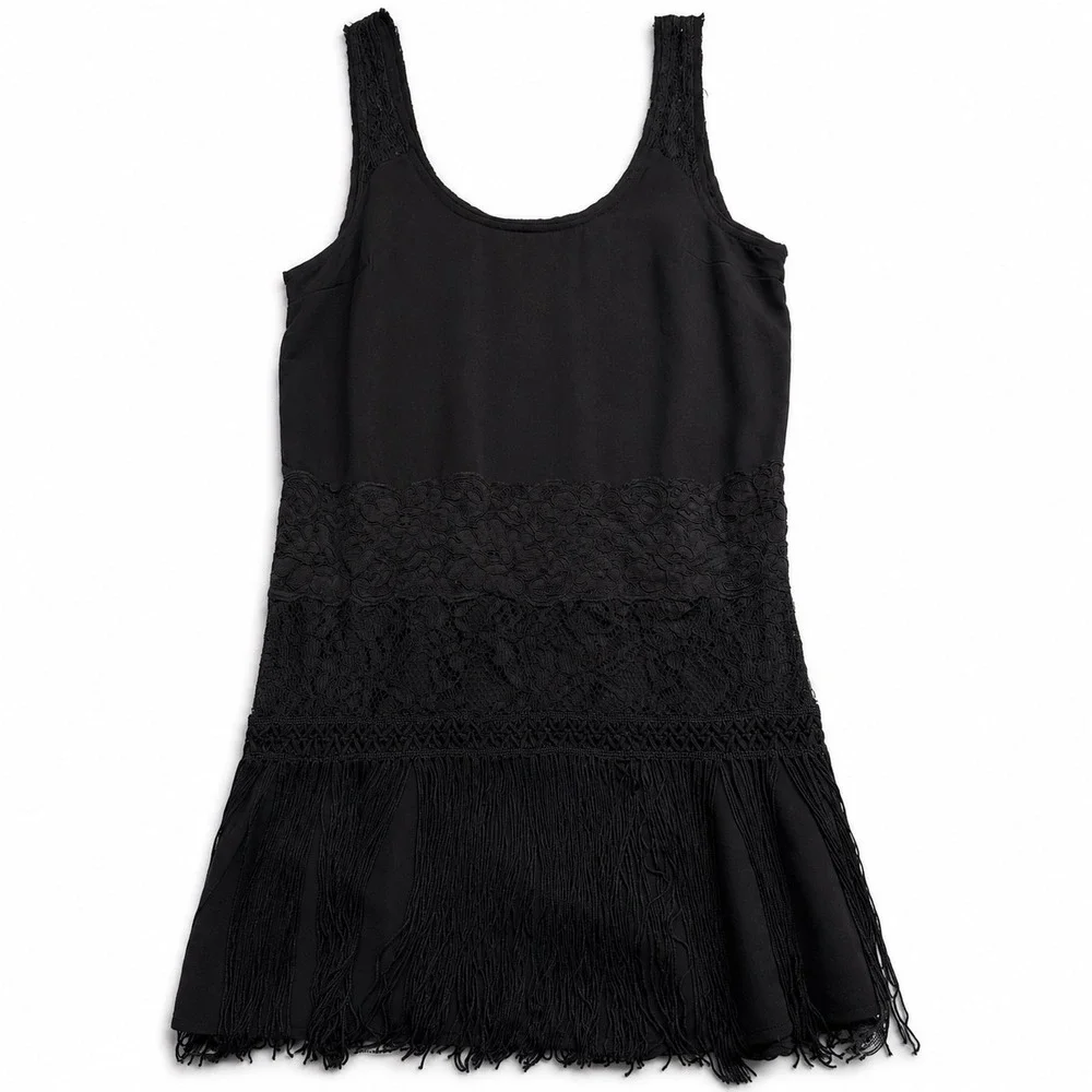 Free‎ People Black Lace Fringe Flapper Mini Dress Size 0 Boho Charleston Shift